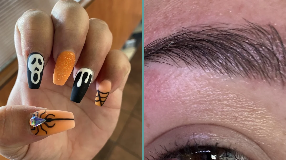 Nail technician working on detailed nail art.