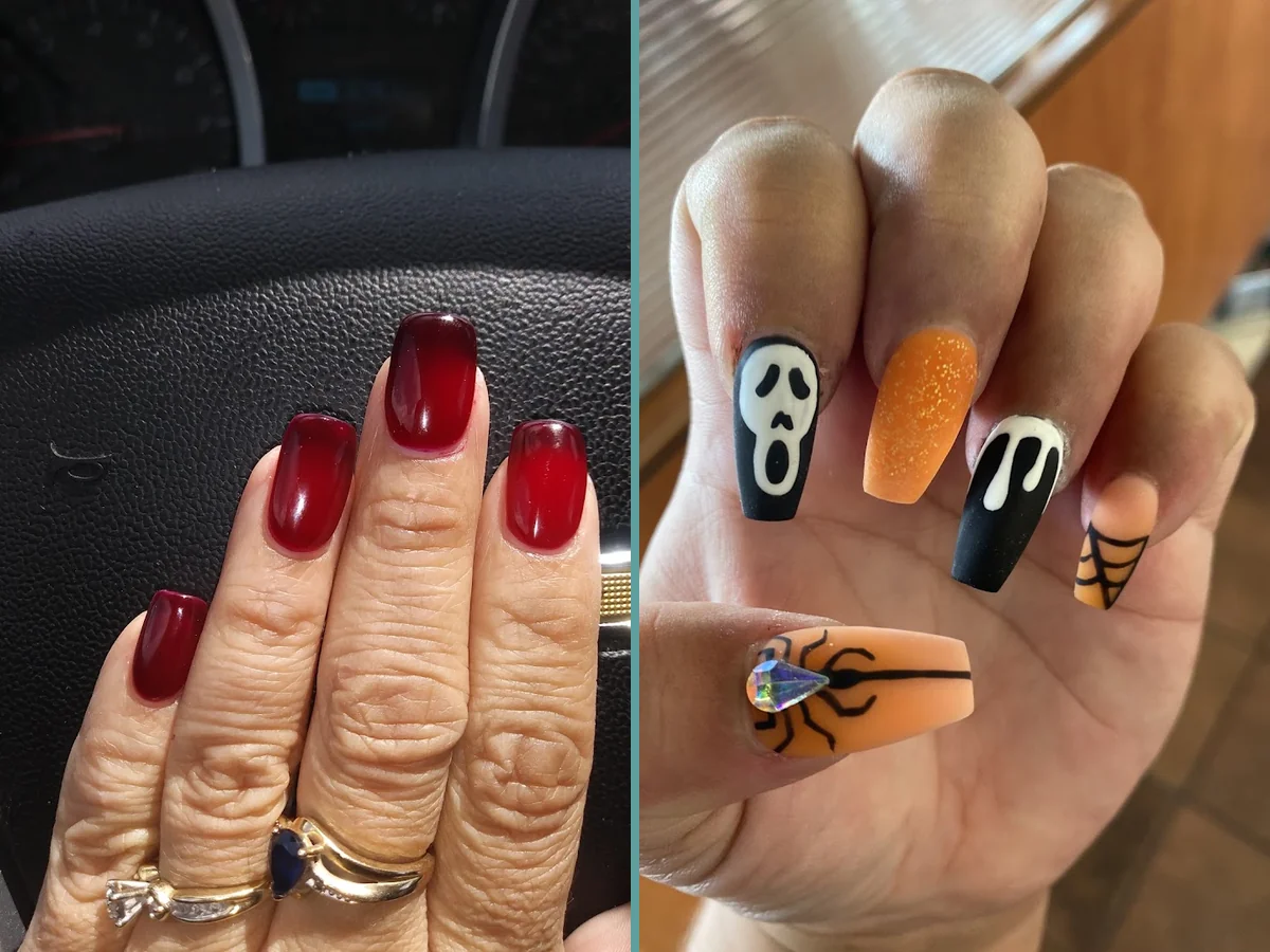 Acrylic nails shaped at a salon station.
