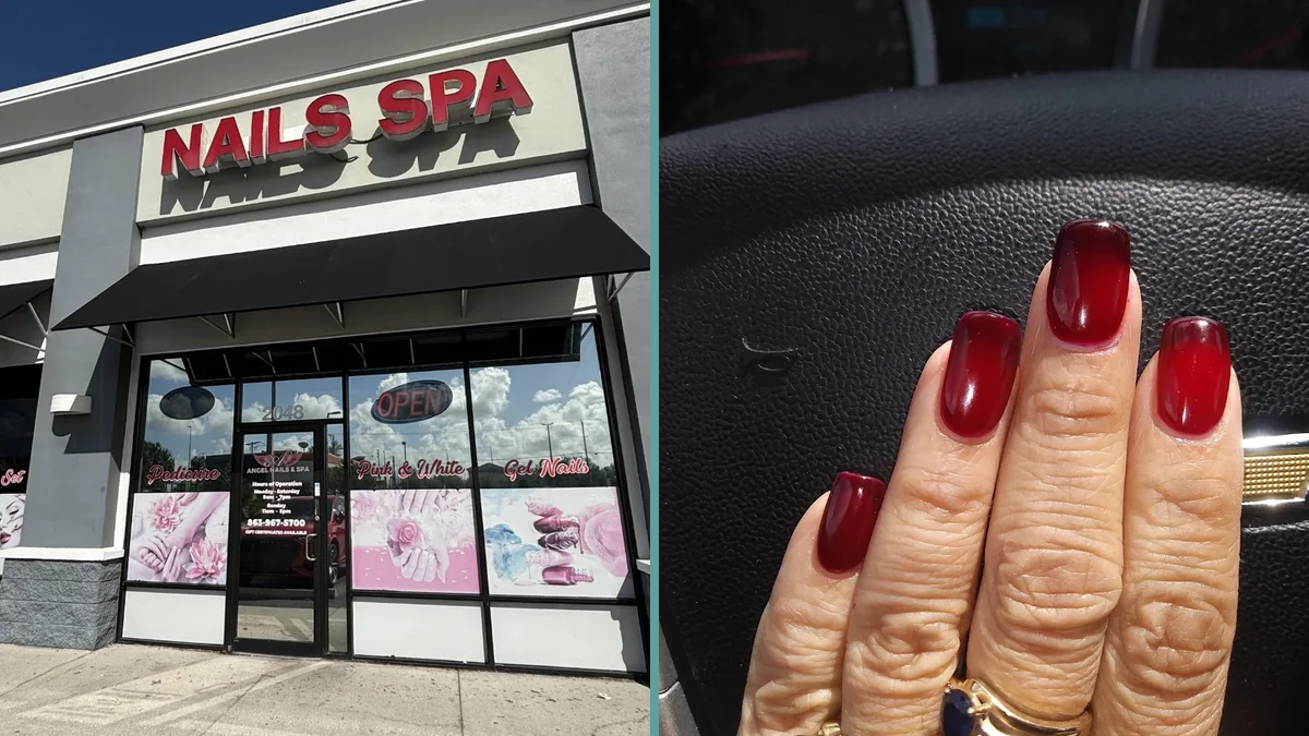 Nail technician working on detailed nail art.
