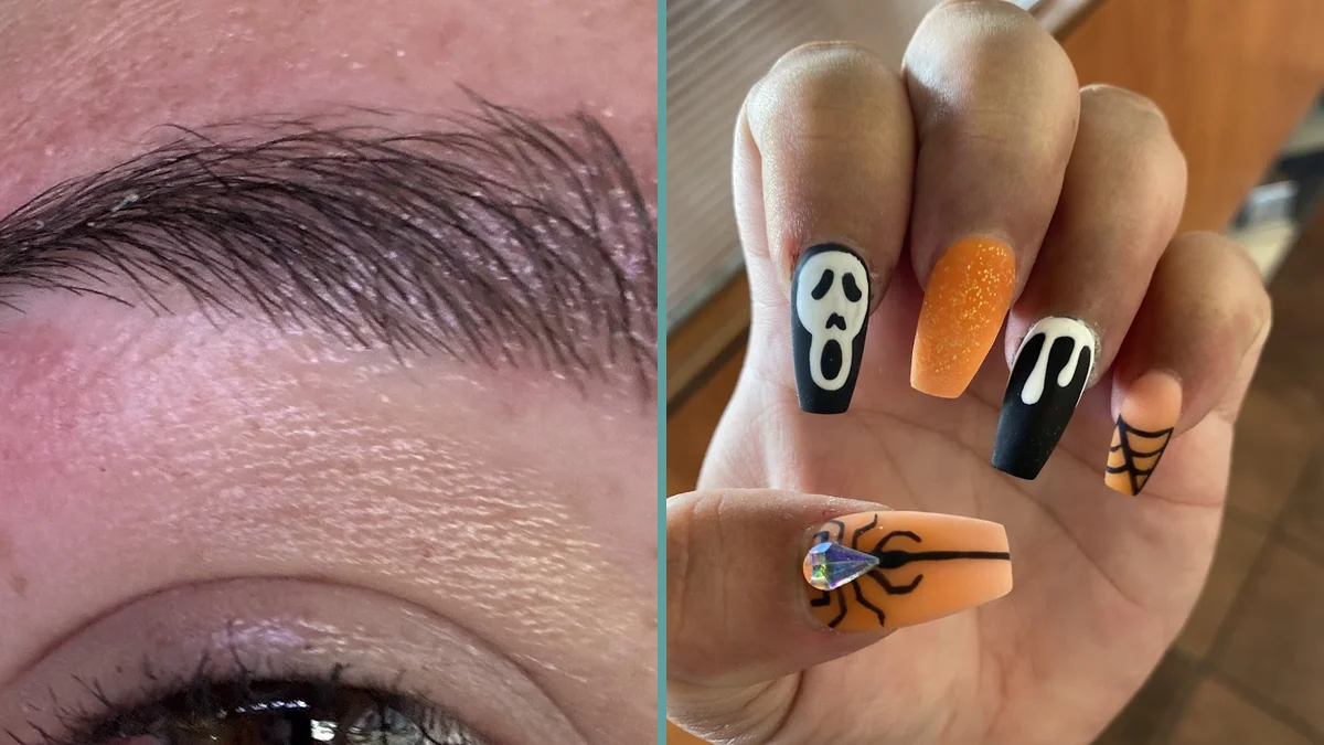 Acrylic nails shaped at a salon station.